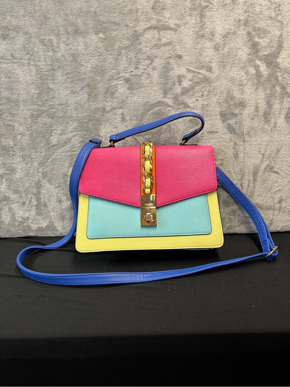 Aldo Colorblock Shoulder Bag with Gold Chain Accent - Blue, Pink, Yellow, Mint